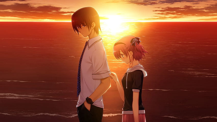 Anime, Sonnenuntergang, Traurigkeit, Mädchen, Kerl, Trauer HD-Hintergrundbild