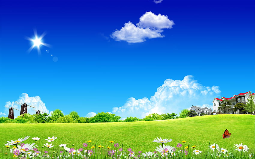 paisagem, grama, plano de fundo, céu, nuvens papel de parede HD