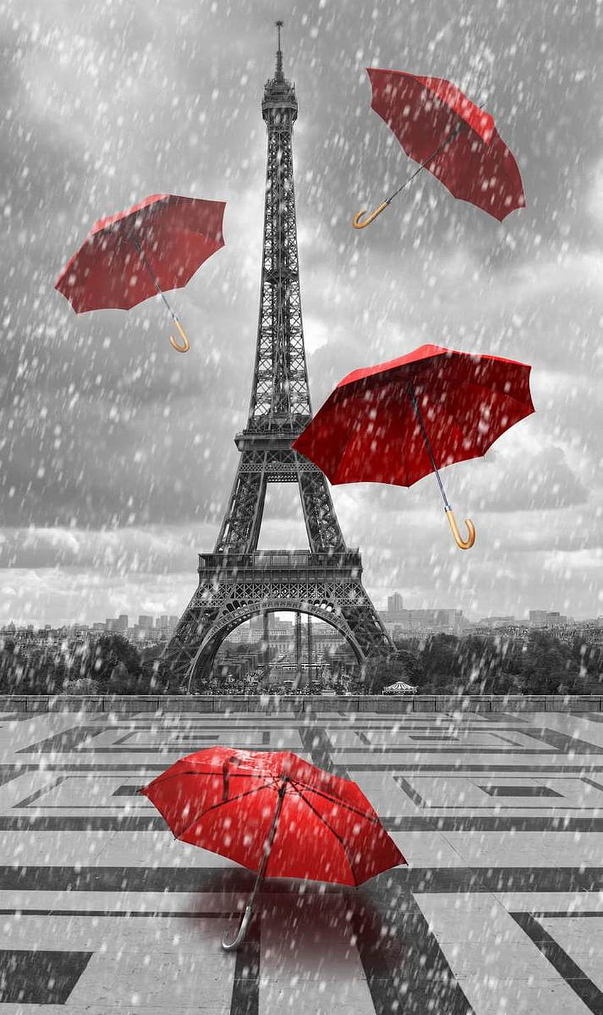 Red umbrellas in Paris HD phone wallpaper