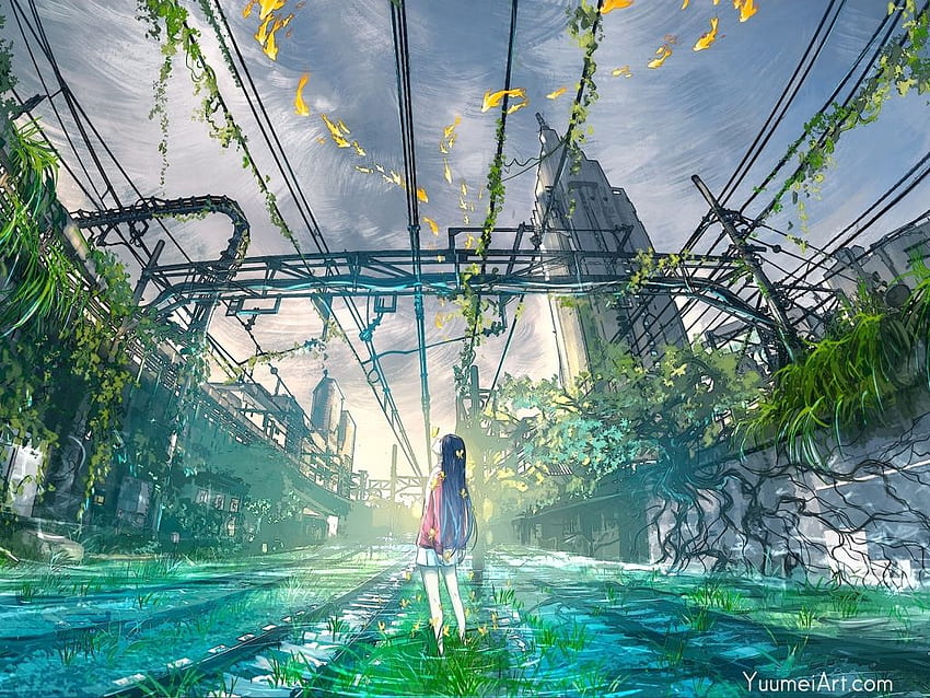 train station, railroad, anime girl, original HD wallpaper