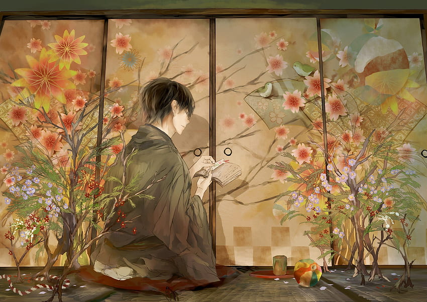 kwiaty rośliny książki anime anime chłopcy styl japoński, Japanese Flower Art Tapeta HD