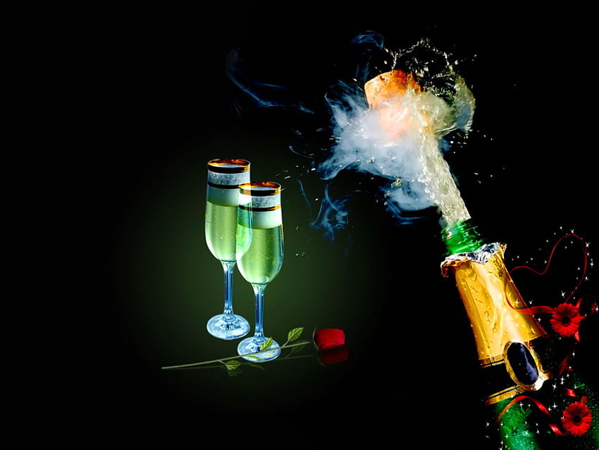 Świętuj swoje życie, strzelanie z korka, szampan, szklanki, napoje, świętowanie Tapeta HD