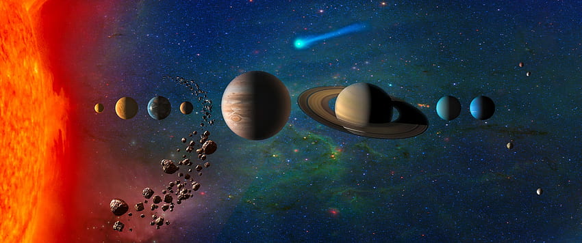 Planeten, Uranus, Venus, Merkur, Neptun, Jupiter, Sonnensystem, Erde, Komet, Sterne, Mars, Saturn, Asteroiden, Weltraum in Auflösung, NASA 3440X1440 HD-Hintergrundbild