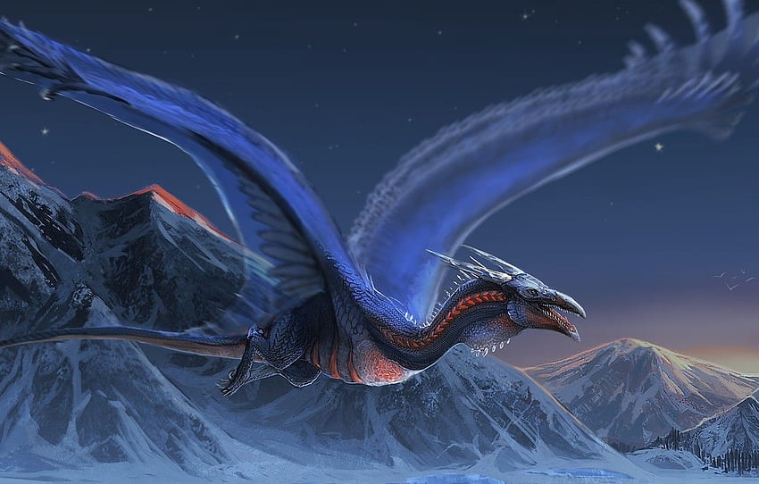 fantasy, Dragon, landscape, night, wings, mountains, snow, digital art, artwork, fantasy art, creature for , section фантастика, Mythical Landscape HD wallpaper