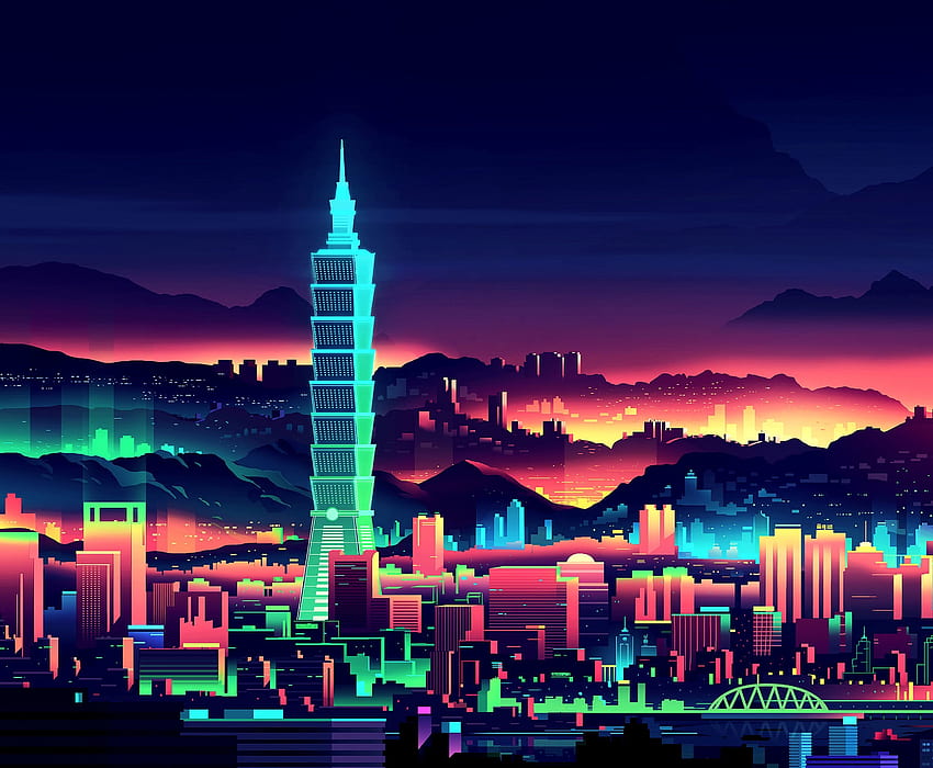 Arte, Ciudad de noche, Rascacielos, Torre, Taipei fondo de pantalla