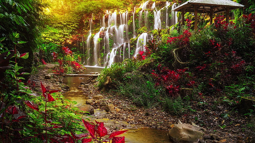 Водопад в парк, цветя, пролет, парк, растения, беседка, градина, красиво, лято, водопад, каскади, зеленина, поток HD тапет