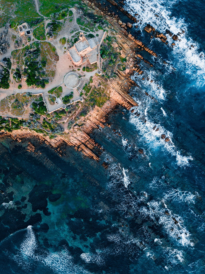 Aerial shot, rocks, coast HD phone wallpaper
