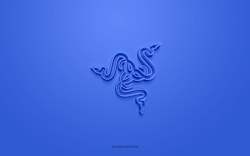 Logo Razer 3D, niebieskie tło, grafika 3D, emblemat Razer, logo Razer, kreatywna grafika 3D, Razer, niebieskie logo Razer Tapeta HD