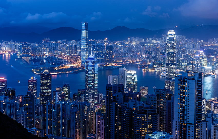 el cielo, la noche, Hong Kong, rascacielos, iluminación, panorama, Bahía, China, azul, Braemar Hill, Victoria Harbour para, sección город, Hong Kong Night Skyline fondo de pantalla