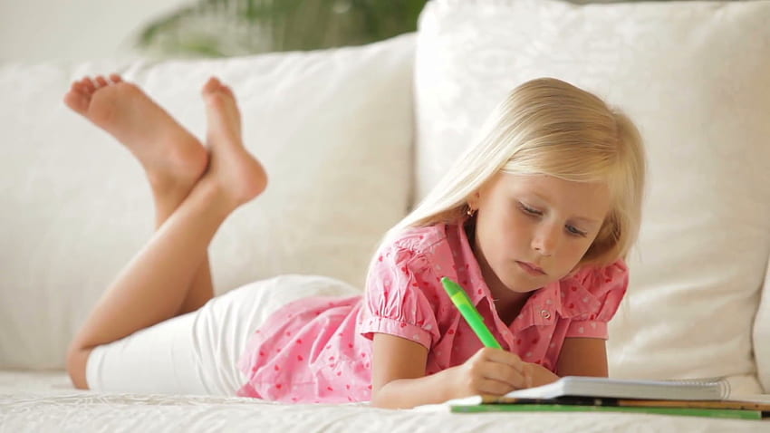 Little girl, notebook, sofa, childhood, blonde, fair, nice, adorable, bonny, leg, sweet, Belle, white, Hair, comely, sightly, pretty, face, lovely, pure, graphy, cute, , Nexus, beauty, write, feet, notework, room, beautiful, people, pink, lying, princess, dainty HD wallpaper