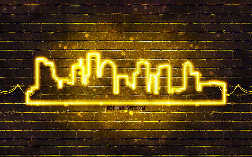 Houston yellow neon silhouette, , yellow neon lights, Houston skyline silhouette, yellow brickwall, american cities, neon skyline silhouettes, USA, Houston silhouette, Houston HD wallpaper