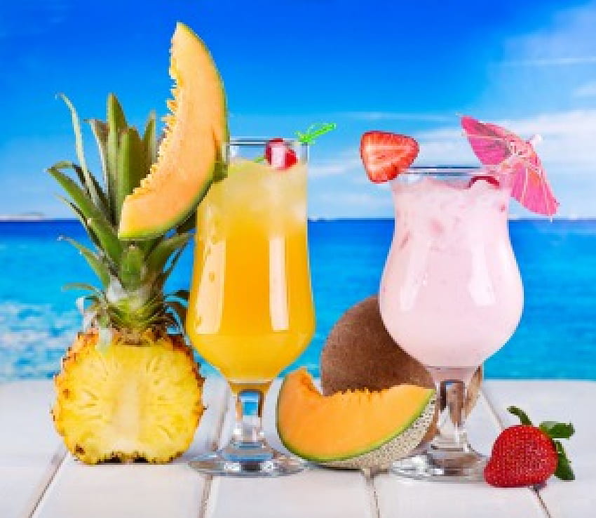 Koktail Tropis, laut, musim panas, koktail, jus, tropis, buah-buahan, segar, minuman Wallpaper HD