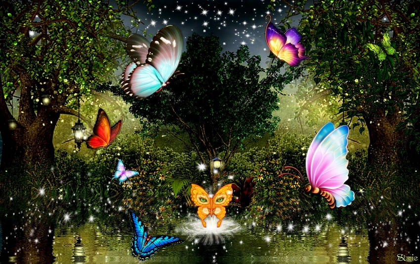 ✰Butterflies Dance Joyfully✰, night, colorful, shadow, glow, silent, lamp, colors, stars, wonderful, reflections, dances, trees, amazing, butterfly designs, wings, Butterflies, flying, beautiful, fireflies, Animals, playing, pretty, lights, cool, flowers, river bend, lovely, water ripple HD wallpaper