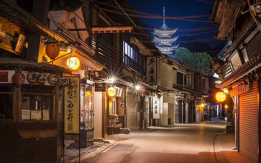 Japan Miyajima Street Nacht Straßenlaternen Städte, Städtische Japanische Gasse HD-Hintergrundbild