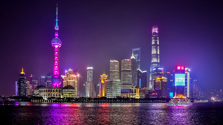 Paesaggio urbano di Shanghai di notte Sfondo HD