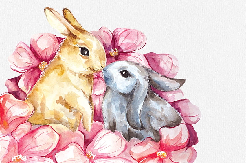 :), bunny, pink, art, flower, watercolor, couple, easter, rabbit, card HD wallpaper