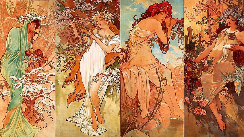 Alphonse Mucha's seasons [1366×768]:, Alphonse Mucha Art HD wallpaper