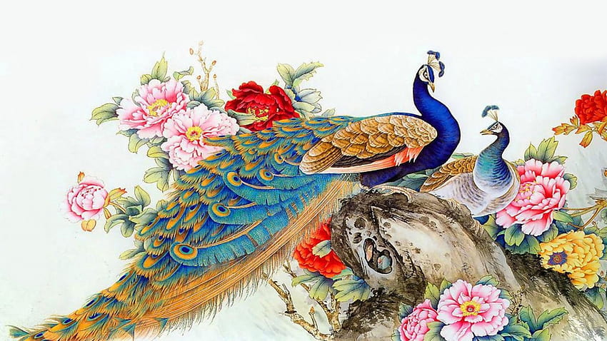 Peacock, blue, animal, feathers, peaceful, livingdoll, spring, brown, orange, branch, pink, green, yellow, red, nature, peace, flowers, leafs HD wallpaper