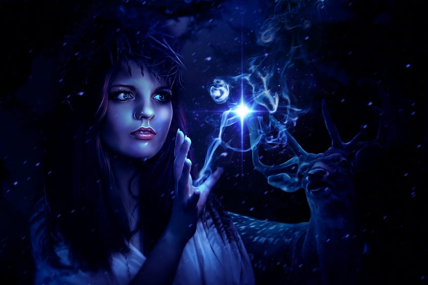 The spell, night, blue, spell, magic, black, girl, hand, dark, witch, halloween, light, deer, luminos HD wallpaper