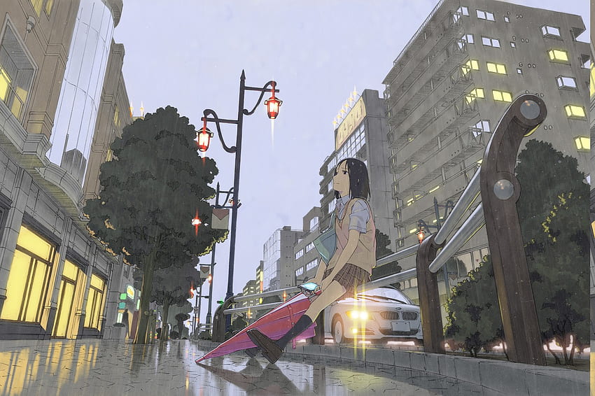 umbrella, Rain, City, Schoolgirls, Alone, Waiting, Anime, Anime Girls / and Mobile Background, Anime Rainy City HD wallpaper