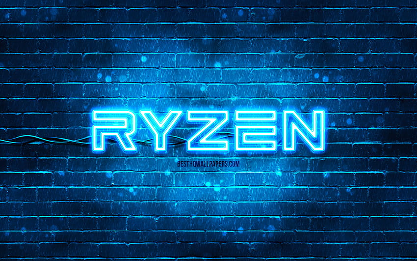 Niebieskie logo AMD Ryzen, niebieski mur, logo AMD Ryzen, marki, neonowe logo AMD Ryzen, AMD Ryzen Tapeta HD