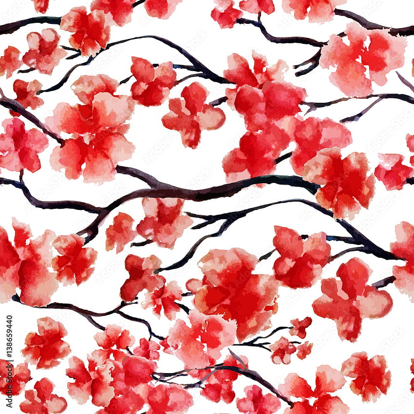 Bunga musim semi cabang ceri Jepang, pohon sakura merah pola cat air mulus. Ilustrasi vektor, siap untuk dicetak. Dapat digunakan untuk desain, desain tekstil. Stok Vektor, Pohon Sakura Jepang wallpaper ponsel HD