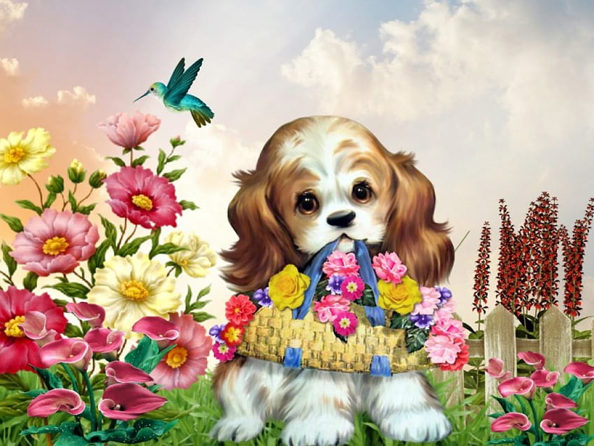 PUPPY WITH BASKET OF FLOWERS, FLOWERS, BASKET, PUPPY, CREATION HD wallpaper