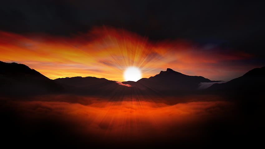 Sunset, landscape, silhouette, mountains HD wallpaper