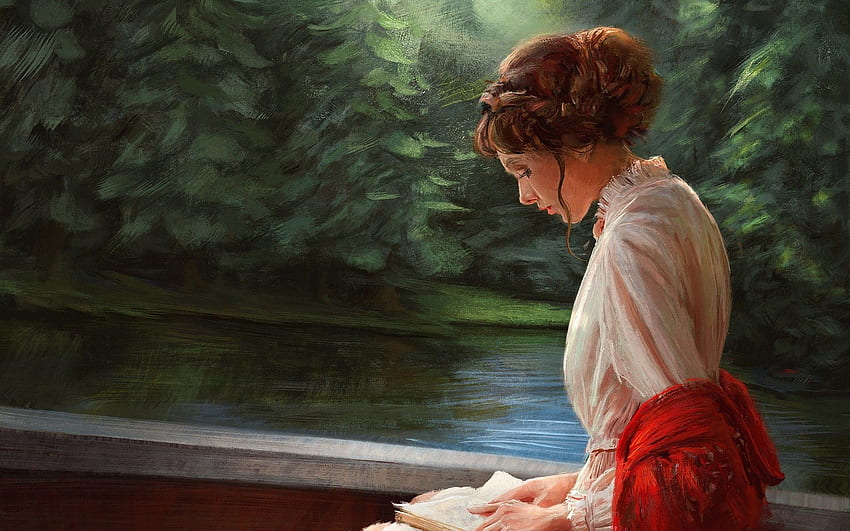 White dress girl reading book, art painting, Woman Painting HD wallpaper