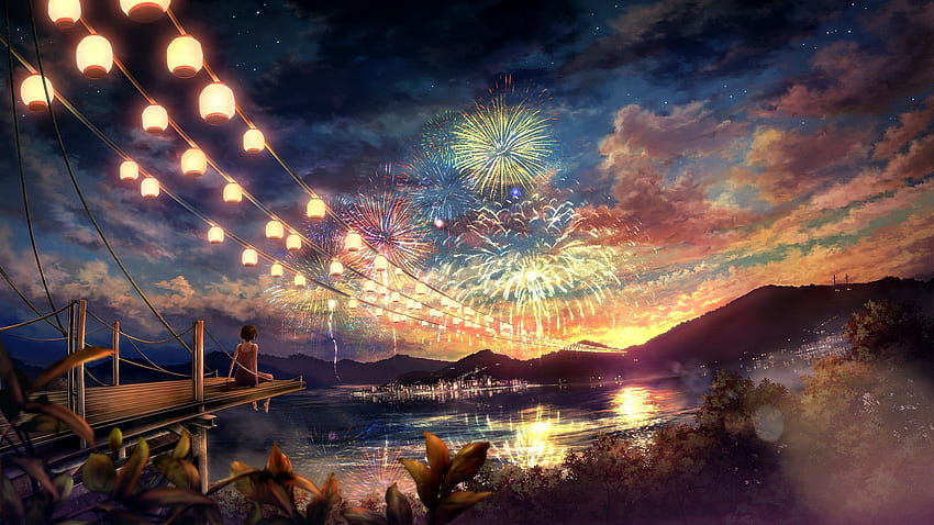 Clouds landscapes trees fireworks scenic anime anime girls cities, Japanese Anime Scenery HD wallpaper