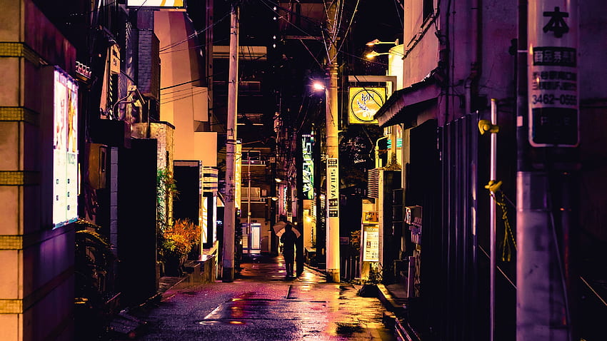 Улица, град, алея, нощ, светлини, Япония U, Японска алея HD тапет