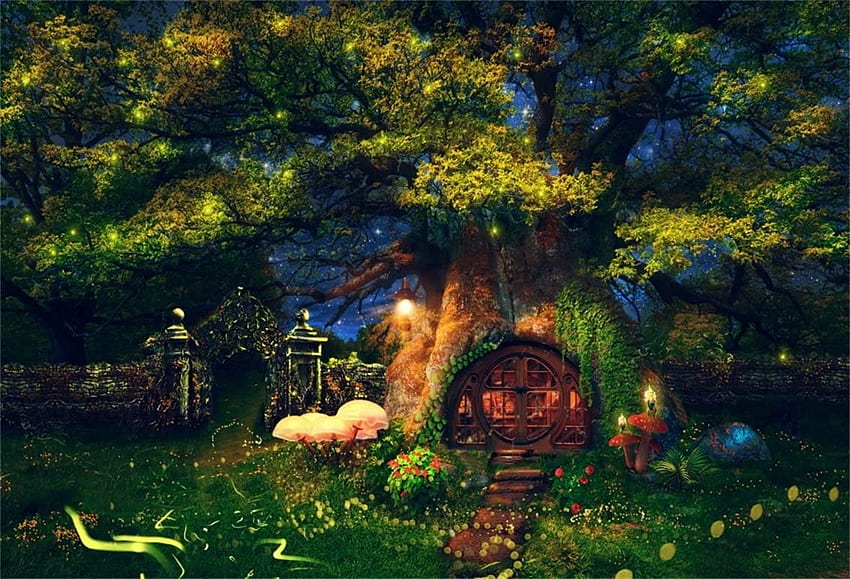 CSFOTO Magic Forest Backdrop ft Fantasy Tree House Glowworm Enchanted Mushroom Night Fairy Birtay Party Background for graphy Children Kids Polyester: Electronics, Fairy Tree House HD тапет