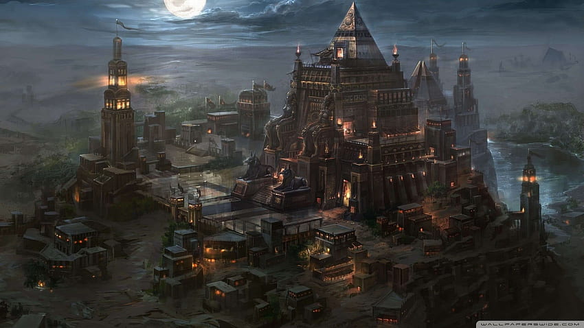 Brązowa i szara piramida illustrationb, sztuka fantasy, fantasy, Fantasy City Tapeta HD