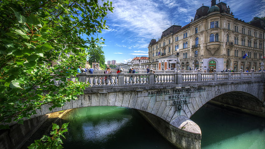 Ljubljana Slovenia bridge Fence Rivers Cities Houses HD wallpaper