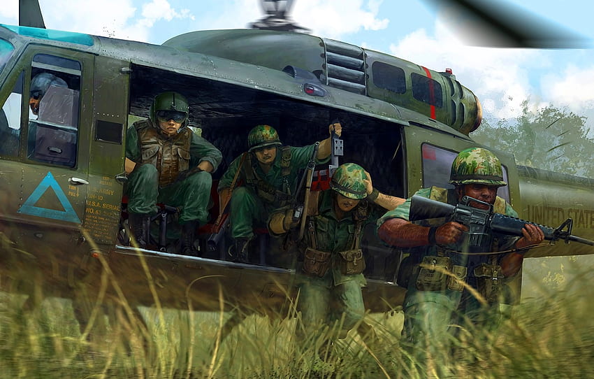 Helicopter, Soldiers, M16, US Army, The Vietnam war for , section оружие, Vietnam War Art HD wallpaper