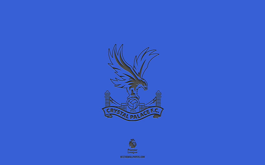クリスタル パレス FC、青色の背景、英語のサッカー チーム、クリスタル パレス FC のエンブレム、プレミア リーグ、イングランド、サッカー、解像度のクリスタル パレス FC のロゴ。 高品質 高画質の壁紙