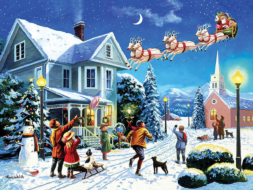 Santa's Here, winter, sleigh, painting, reindeer, house, snow, church, people HD wallpaper
