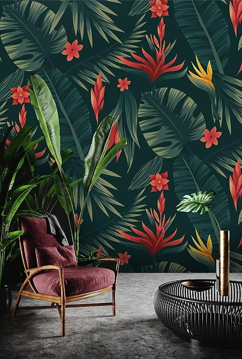 Tendencia de hojas verdes y rojas, de mural de palma de hoja tropical, sala de estar, dormitorio, pelar y pegar: productos hechos a mano, estampado hawaiano rojo fondo de pantalla del teléfono