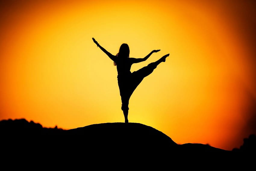 Silhouette, girl, sunrise yoga, two colors HD wallpaper