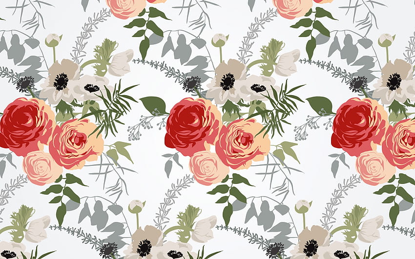 Pattern, red, flower, rose, white, orange, yexture HD wallpaper