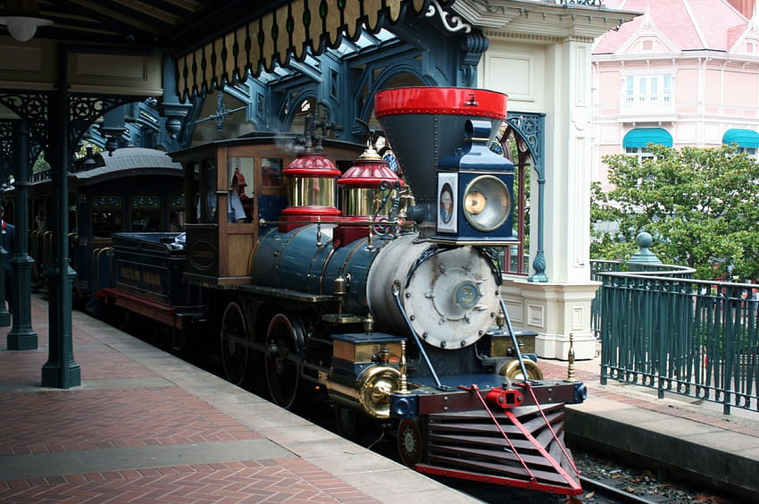 Ferrovia di Disneyland Paris, treno a vapore, locomotiva, stazione, Francia Sfondo HD