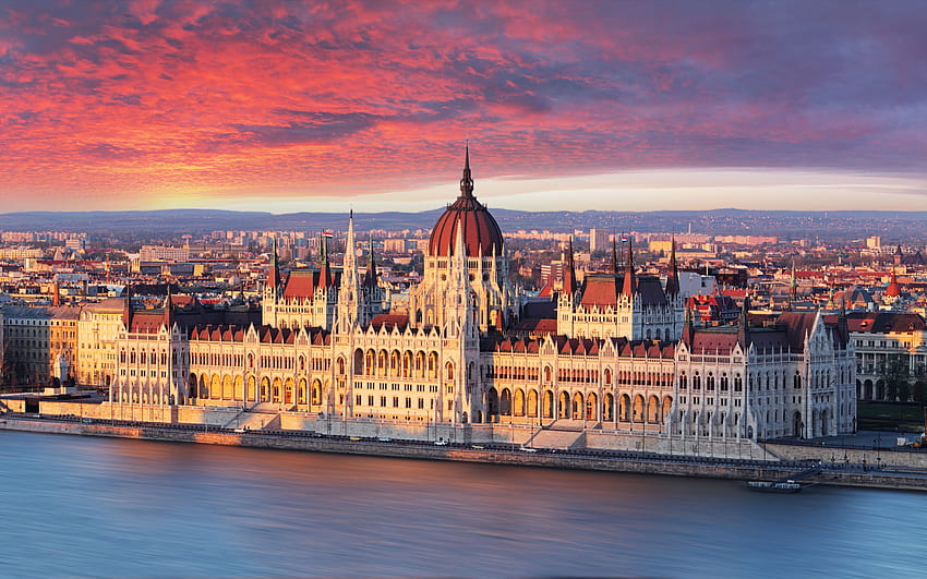 พระอาทิตย์ขึ้นในรัฐสภาฮังการีบูดาเปสต์ Danube River Ultra สำหรับแล็ปท็อปแท็บเล็ตโทรศัพท์มือถือและทีวี วอลล์เปเปอร์ HD