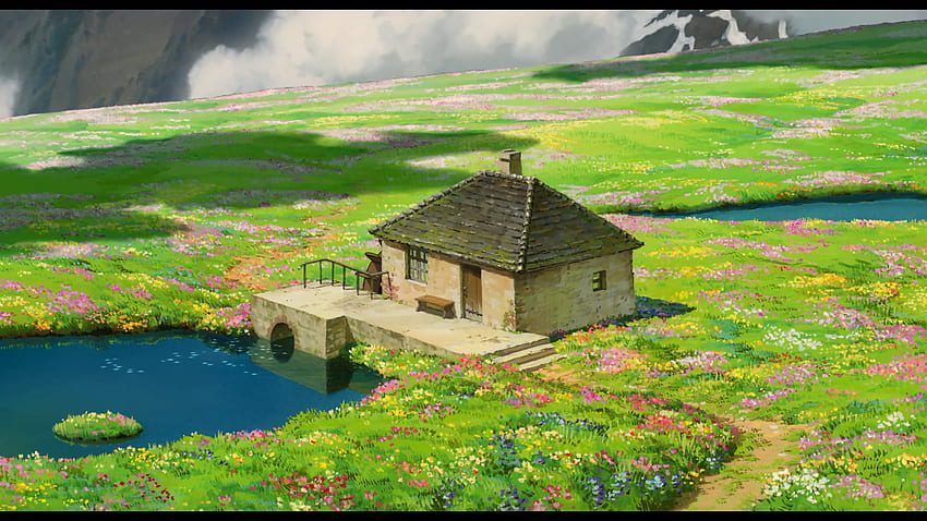 Película - El castillo ambulante de Howl Studio Ghibli House Water Field Cottage Flower fondo de pantalla