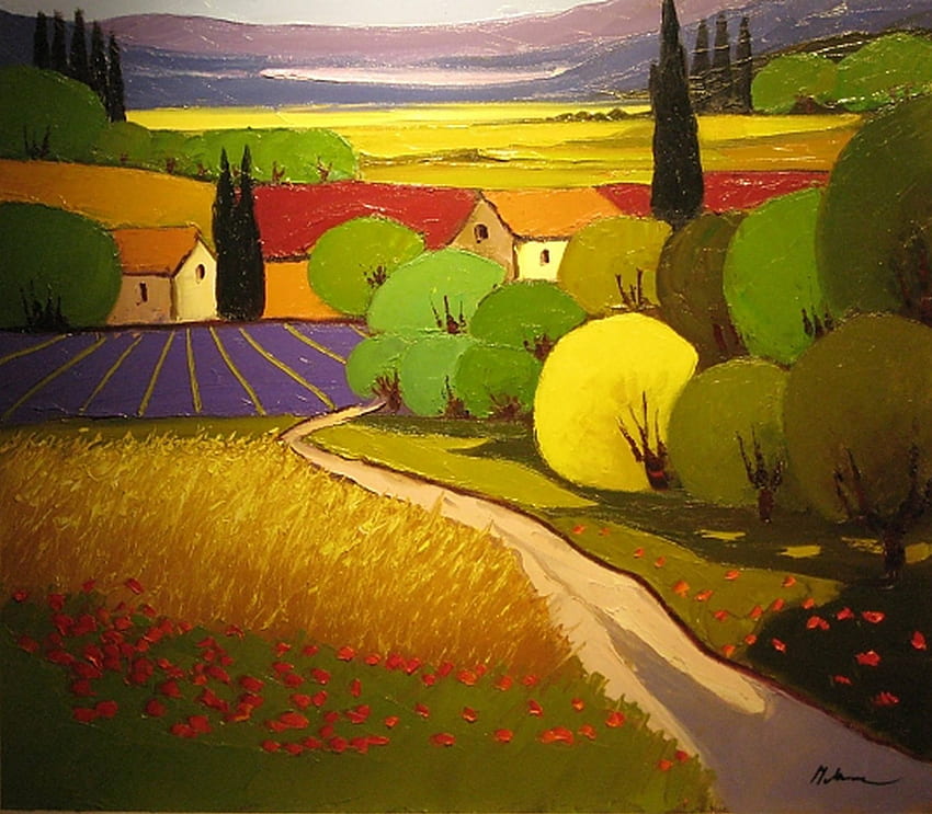 Provence Lane, trees, fields, art, green HD wallpaper