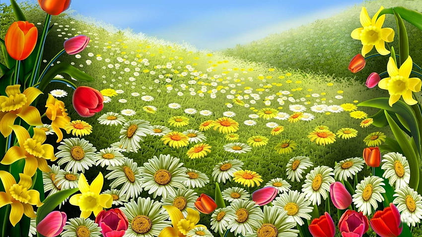 ようこそ春、カラフル、色、風景、美しい、ようこそ、春、花、フィールド、自然、素晴らしさ 高画質の壁紙