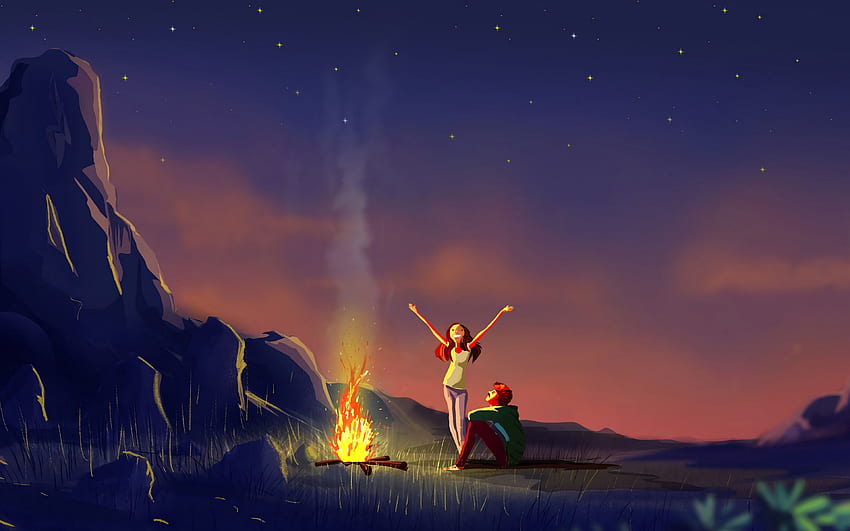 couple, bonfire, art, night, camping ultra 16:10 background, Cartoon Camping HD wallpaper