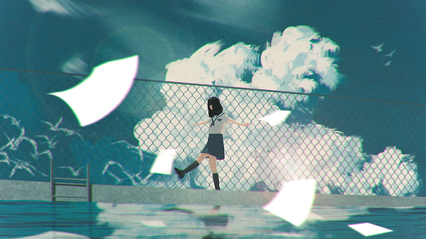 Anime, Wasser, Wolken, Mädchen, Spaziergang HD-Hintergrundbild