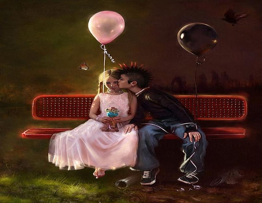 The change, toy, bench, blond, girl, grass, punk hair do, jeans, pink dress, party, youth, balloons, butterfly, boy, first kiss HD wallpaper
