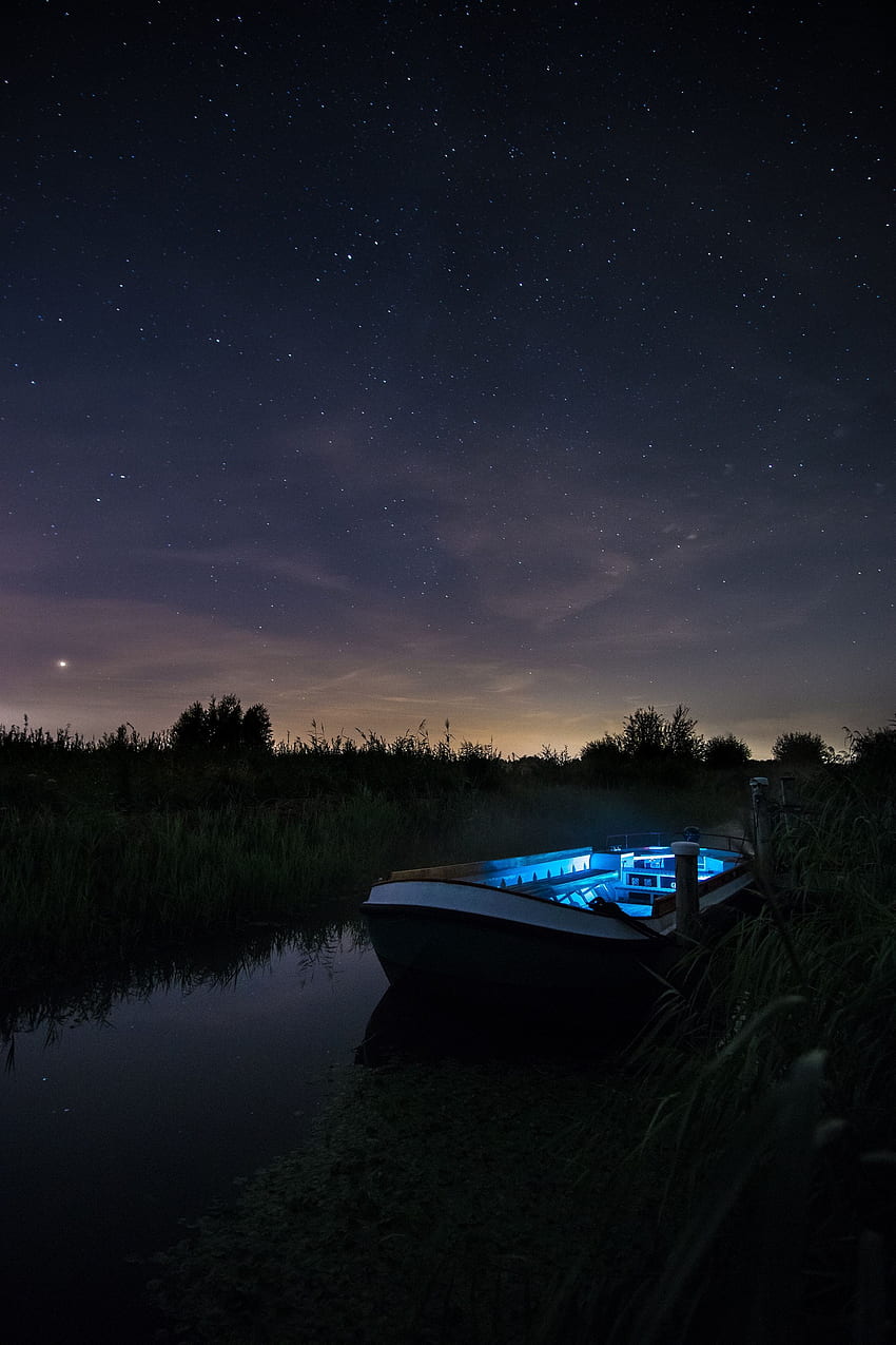 Nature, Night, Lake, Starry Sky, Boat HD phone wallpaper