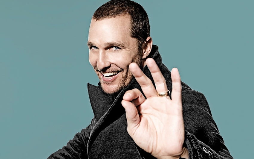 Matthew McConaughey, blue, man, smile, actor, hand HD wallpaper